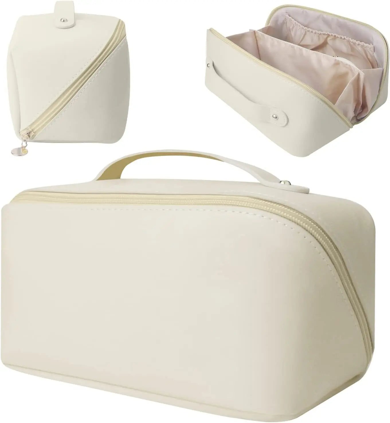 Beige cosmetic bag with compartments on a white background