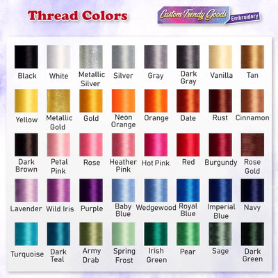 Color chart for embroidery thread with various color swatches.
