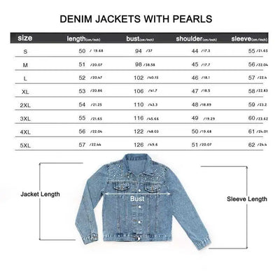 Denim jacket with size chart showing measurements for length, bust, shoulder, and sleeve.