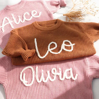 Embroidered Kids Knit Jumper in Pink and Brown