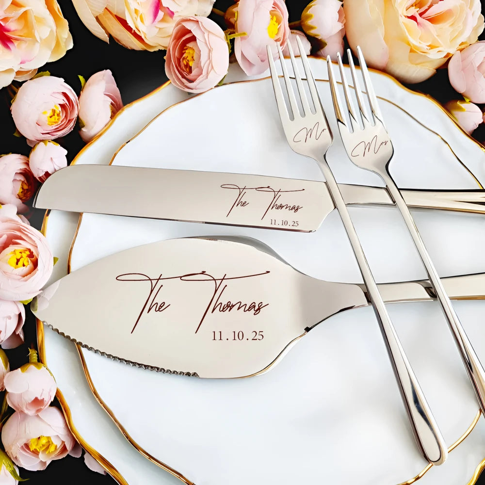 Personalised Wedding Cake Cutting Set – Engraved Knife, Server & Forks
