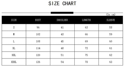 Size chart for clothing measurements in centimeters