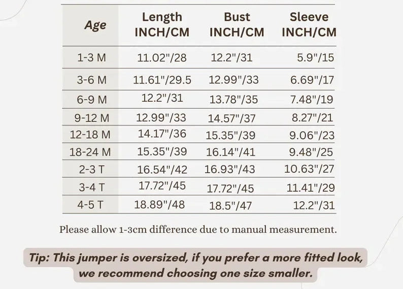 Size chart for custom kids name sweatshirt